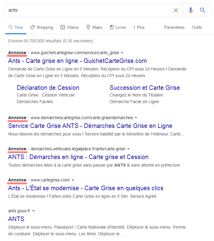 Sur Google, le site officiel de l'Agence nationale des titres sécurisés (ANTS) n'apparaît qu'en cinquième position derrière des sites commerciaux. Astuce : les sites officiels du gouvernement français finissent en .gouv.fr.