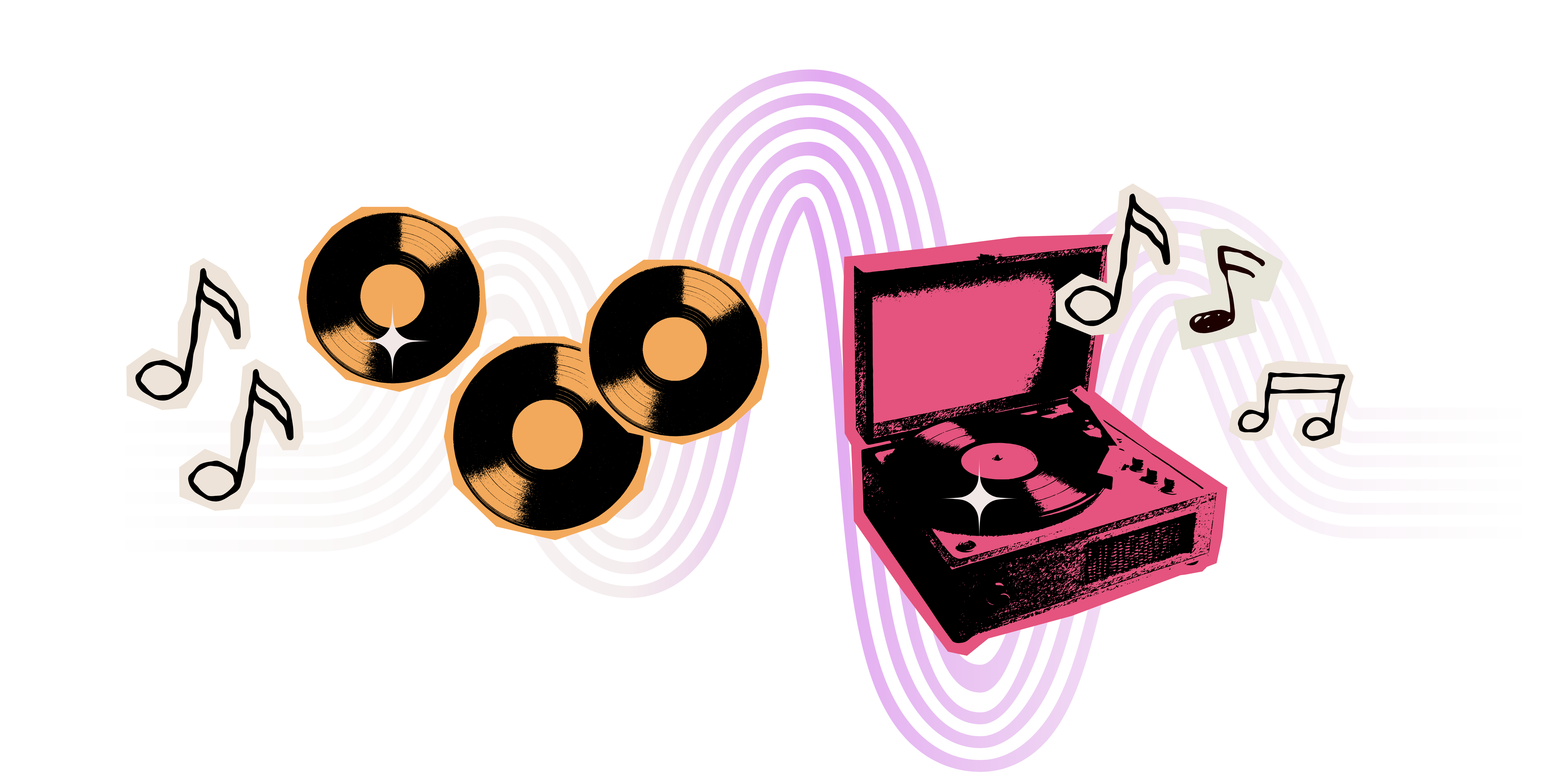 Visuel comprenant des disques vinyles et une platine vinyles avec quelques notes de musique