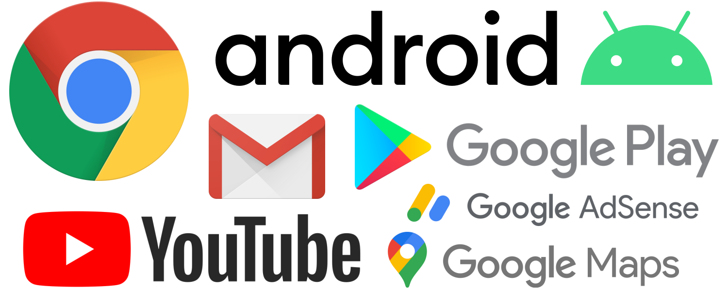 Une partie de la galaxie Google : le navigateur web Chrome, Le système d'exploitaiton pour smartphones et tablettes Android, le magasin d'applications Google Play, la régie publicitaire Adsense, le service cartographique Google Maps, le site de partage de vidéos YouTube, le service de mails Gmail.